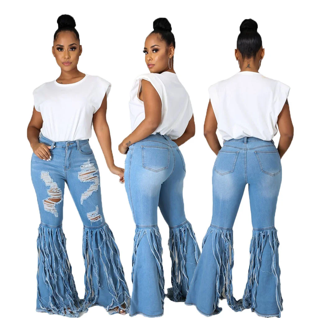 Women's Tassels Ripped High Elastic Slim Bell Flared Denim Jeans