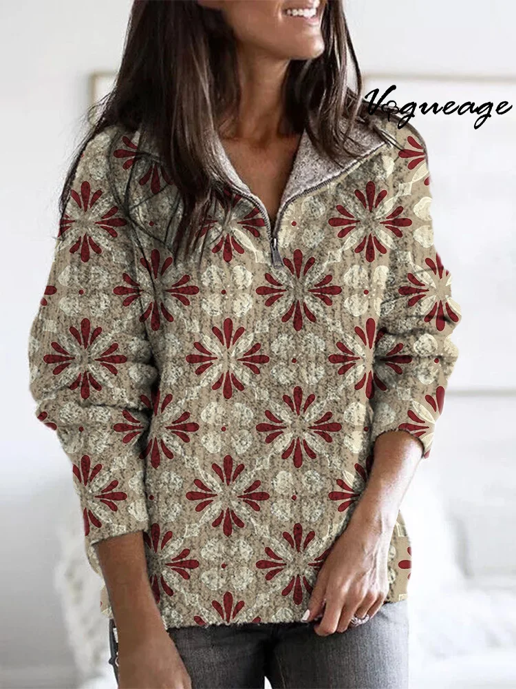 Fashion Retro Elegant Diamond Floral Plaid Zippered Long-Sleeved Sweater