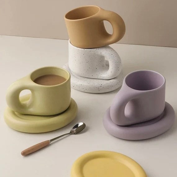 Handmade Ceramic Chubby Coffee Tea Mug With Saucer - Teacup and Saucer Set