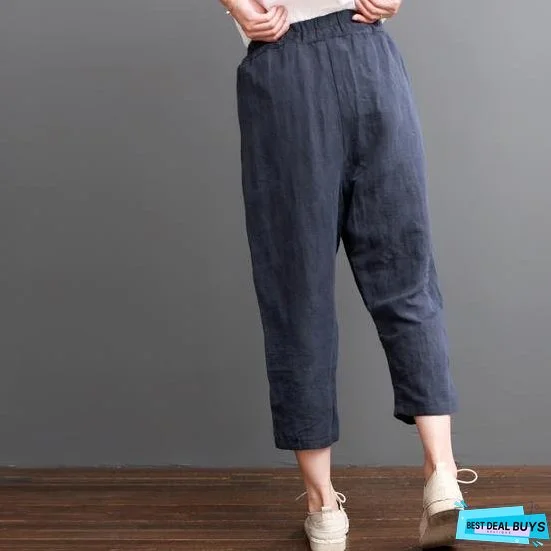 Navy linen pants crop trousers