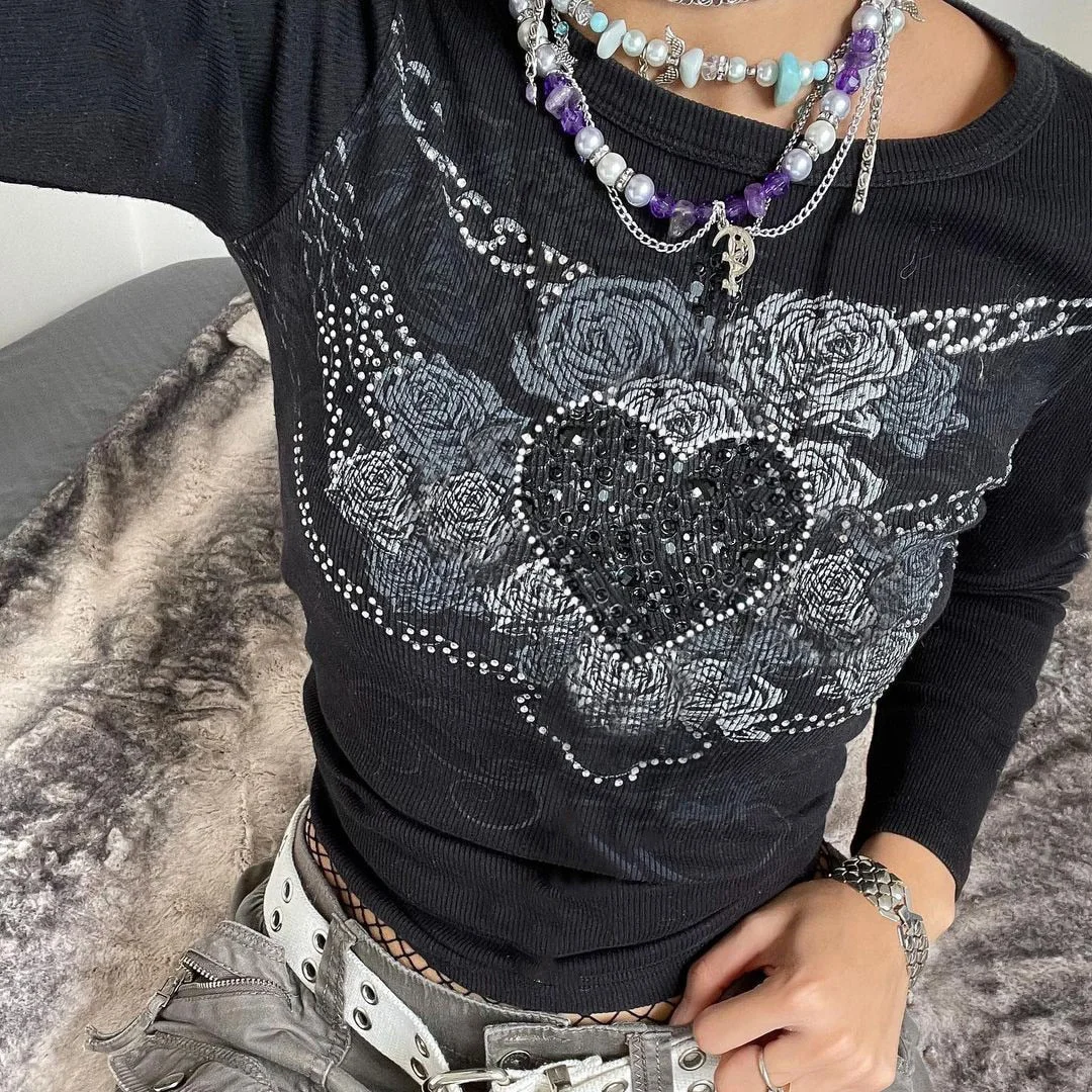 Tawnie Y2K Graphic Rhinestone Print Women T Shirt 2022 Spring Grunge Aesthetic Fairycore Crop Tops O Neck Long Sleeve Tee Top