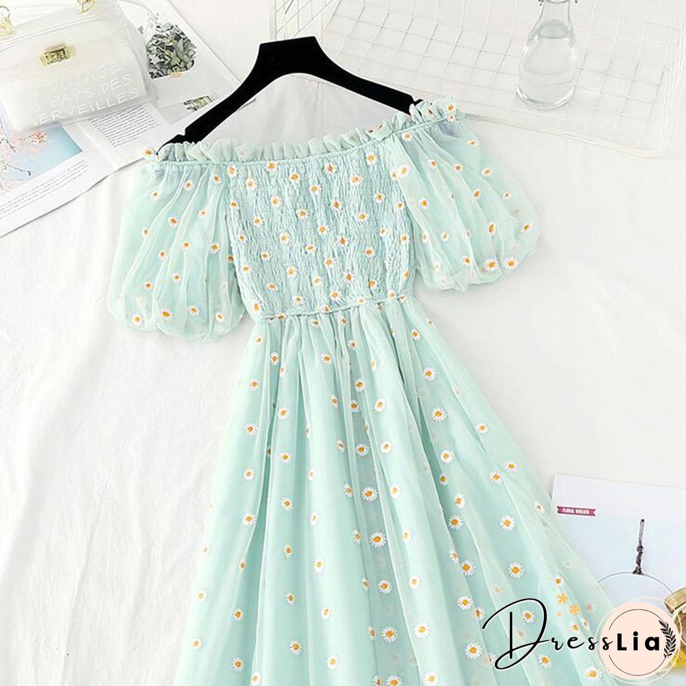 Small Daisies Embroidery Mesh Dresses Women Sexy Off The Shoulder French Vintage Party Ruffle Dresses Elegant Vestidos