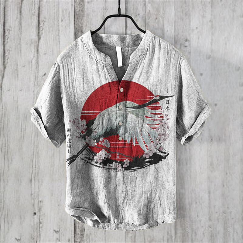 Men's Japanese Art Printed Linen Blend Casual Shirt