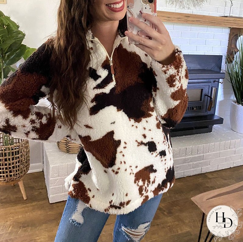 New Autumn and Winter Leisure Fashion Plush Coat Female Cow Printed Zipper Sweater