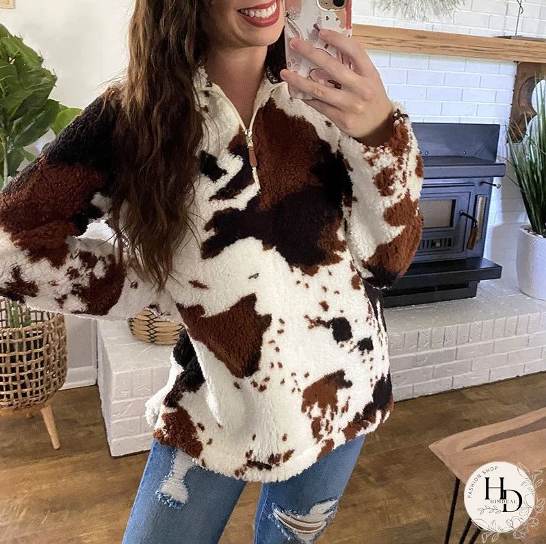 New Autumn and Winter Leisure Fashion Plush Coat Female Cow Printed Zipper Sweater