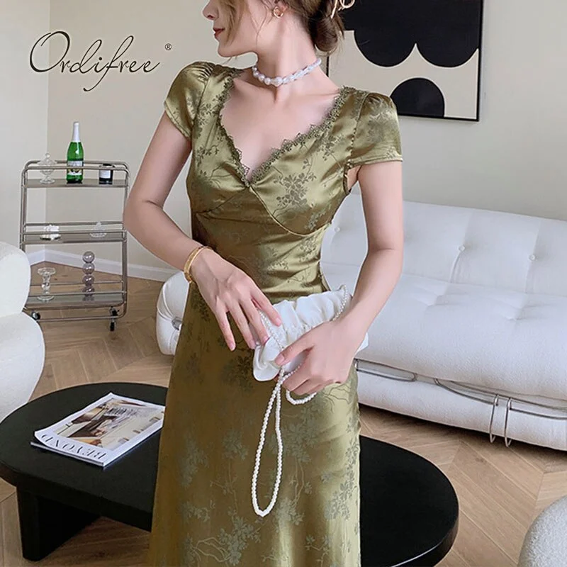 Ordifree 2021 Summer Women Satin Party Dress Sexy Backless Lace Up Vintage Print Lace Crochet Green Silk Long Dress