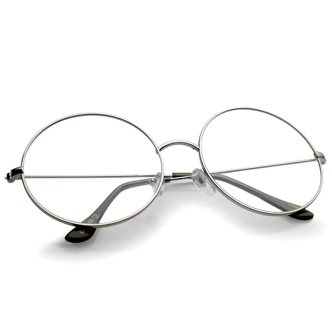 Classic Oversize Slim Metal Frame Clear Flat Lens Round Eyeglasses 56mm