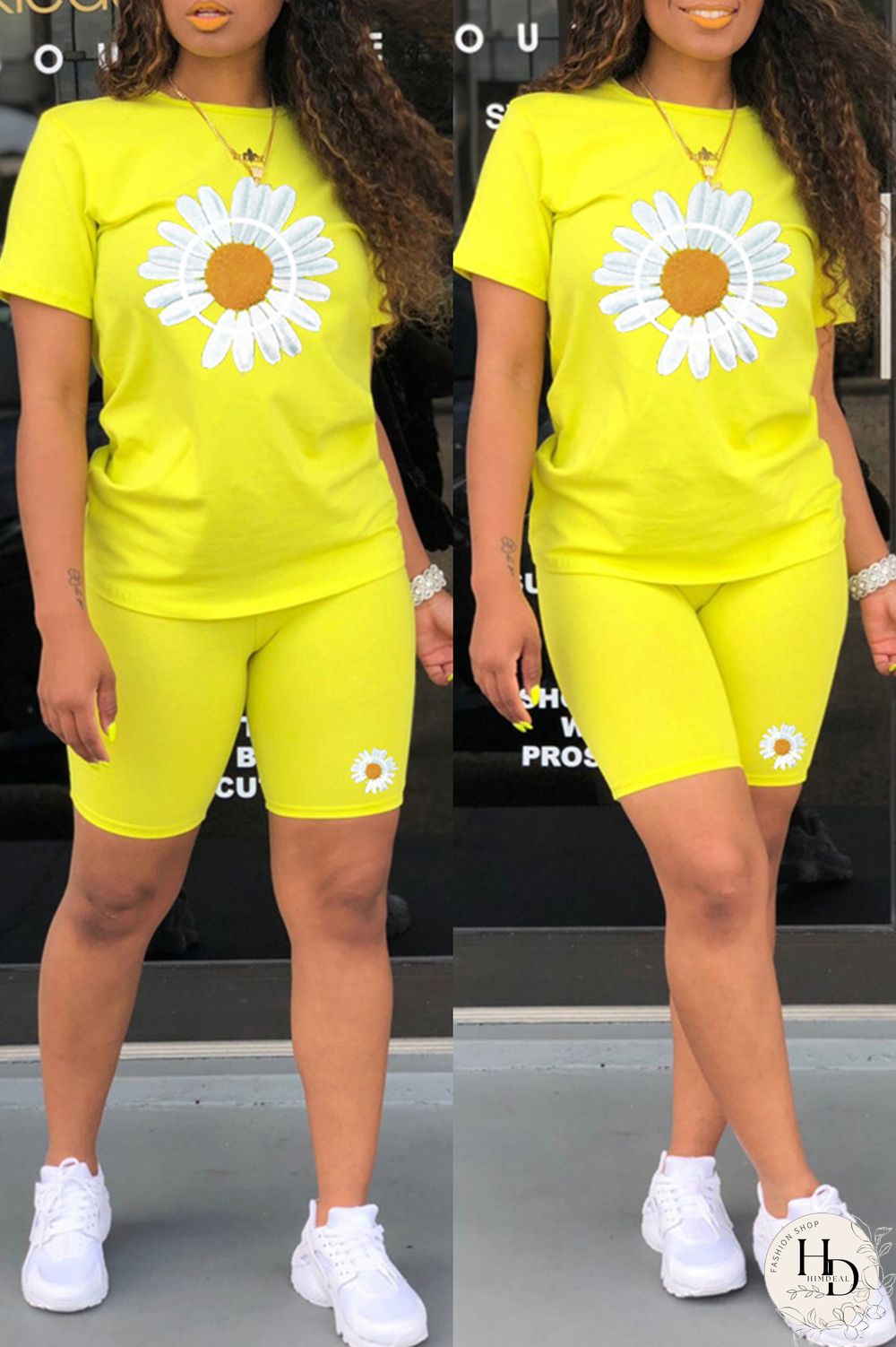 Black Fashion Casual Print Basic O Neck Short Sleeve Two Pieces