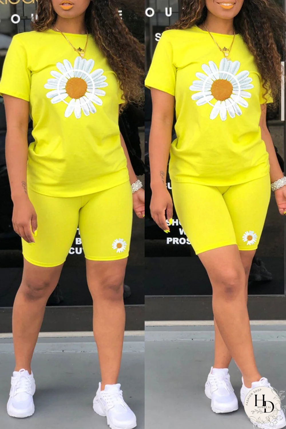 Black Fashion Casual Print Basic O Neck Short Sleeve Two Pieces