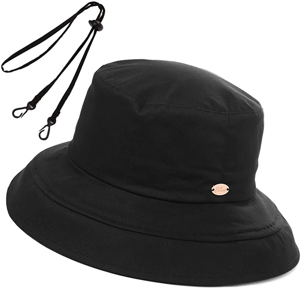 Womens UPF50 Cotton Packable Sun Hats w/Chin Cord Wide Brim Stylish