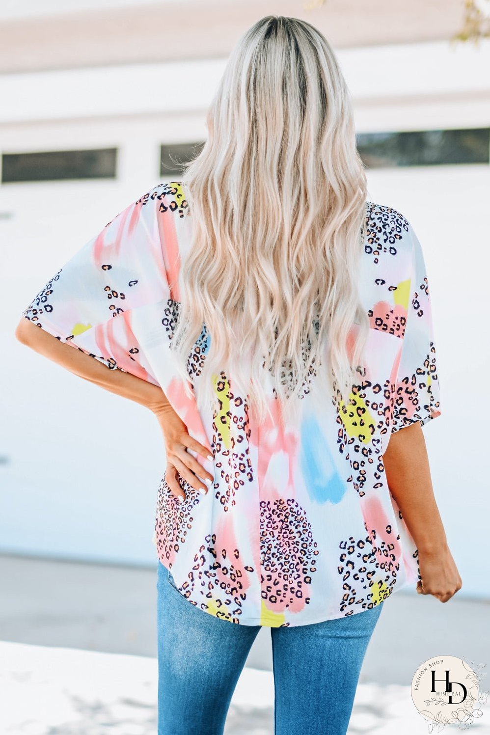 Whimsical Watercolor Animal Print V-Neck Blouse