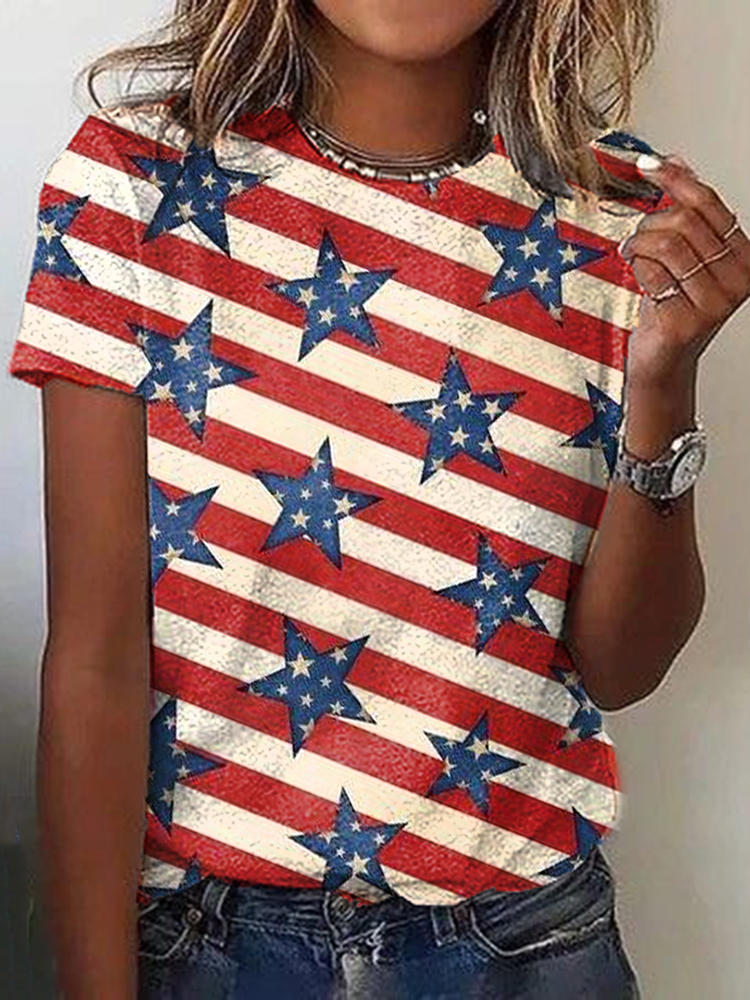Comstylish Independence Day Flag Stripes Stars Print T-Shirt