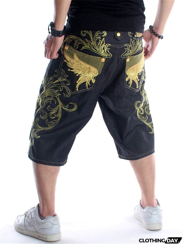 Trendy Street Style Loose Embroidered Comfy Cropped Pants For Men