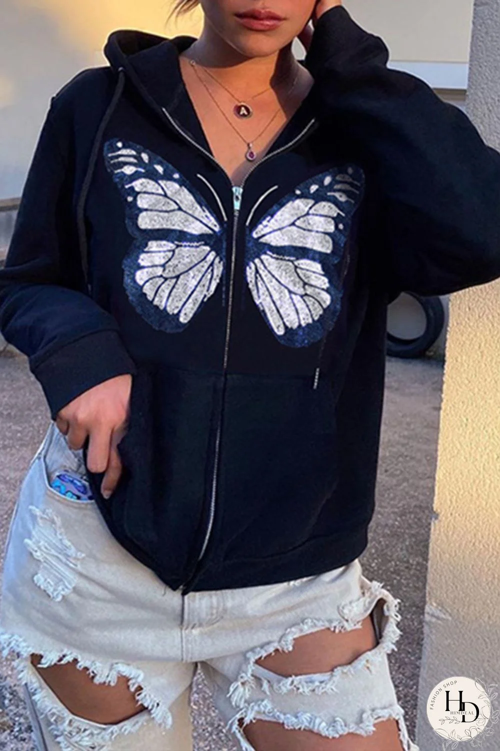 Black Fashion Casual Butterfly Print Basic Hooded Collar Outerwear