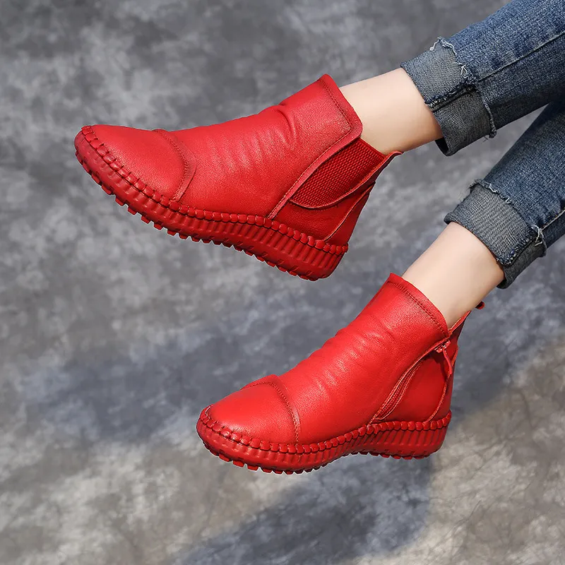 Yyvonne And Winter New Women's Shoes Winter Plus Velvet Leather Women's Boots Handmade Short Boots Women Flat Bottom Leisure Soft Bottom Boots