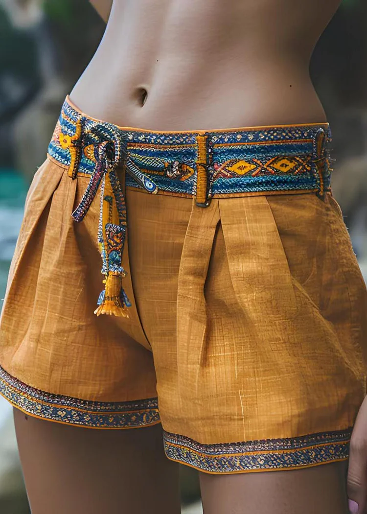 Women Casual Yellow Patchwork Cotton Shorts Summer