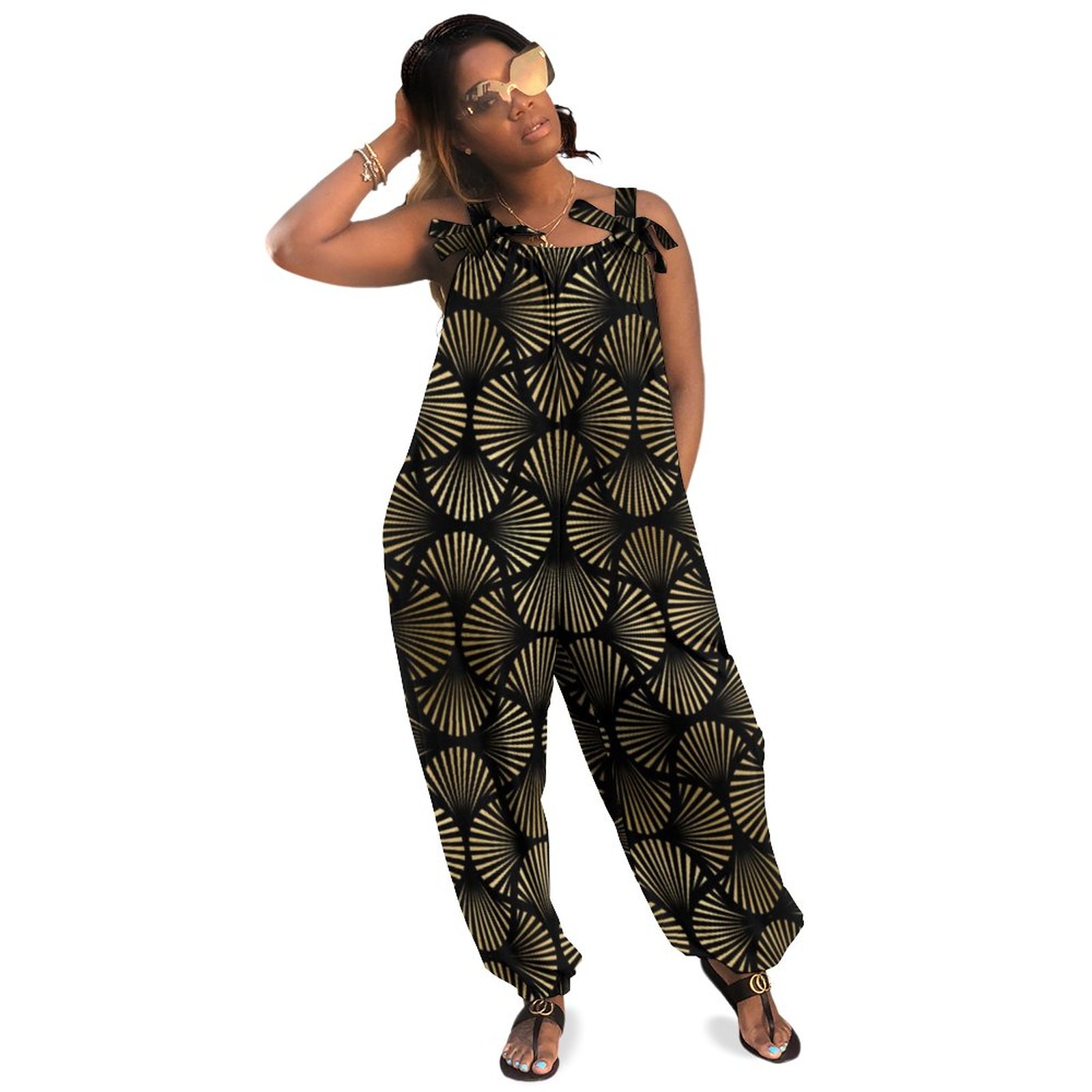 Black And Gold Art Deco Fan Patterned Plus Size Women Rompers Summer Casual Loose Jumpsuit Dressy Wide Leg Natural Waist Pockets Polyester Spandex