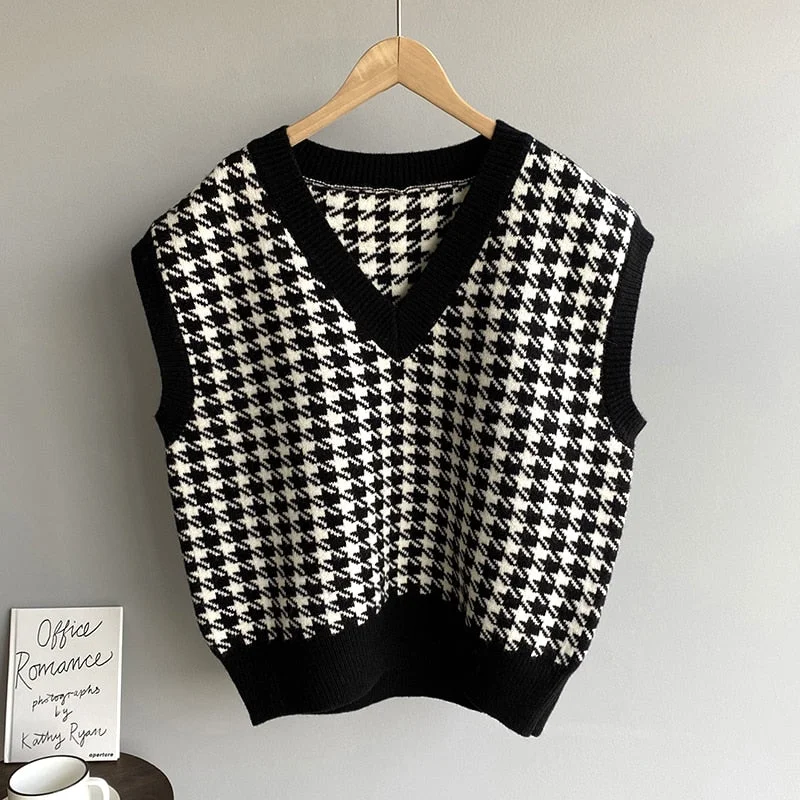 Houndstooth Plaid Knitted Sweater Vest Women Vintage Winter Pullover Women V Neck Loose Sleeveless Sweaters Waistcoat Tops 17502