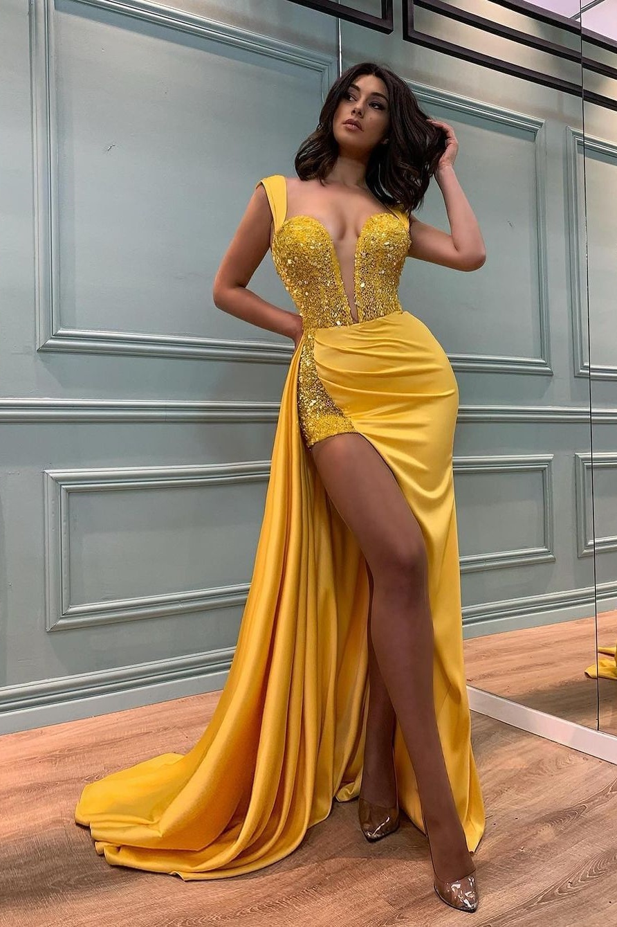 Ovlias Dazzling Yellow Wide Shoulder Straps Sequins Patchwork Evening Dress LY0338