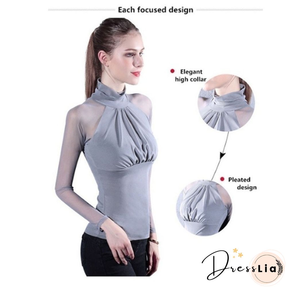 New Fashion Lady Blouse Lace Mesh Turtleneck Long Sleeves Slim Thin Patchwork Spring and Autum Shirt