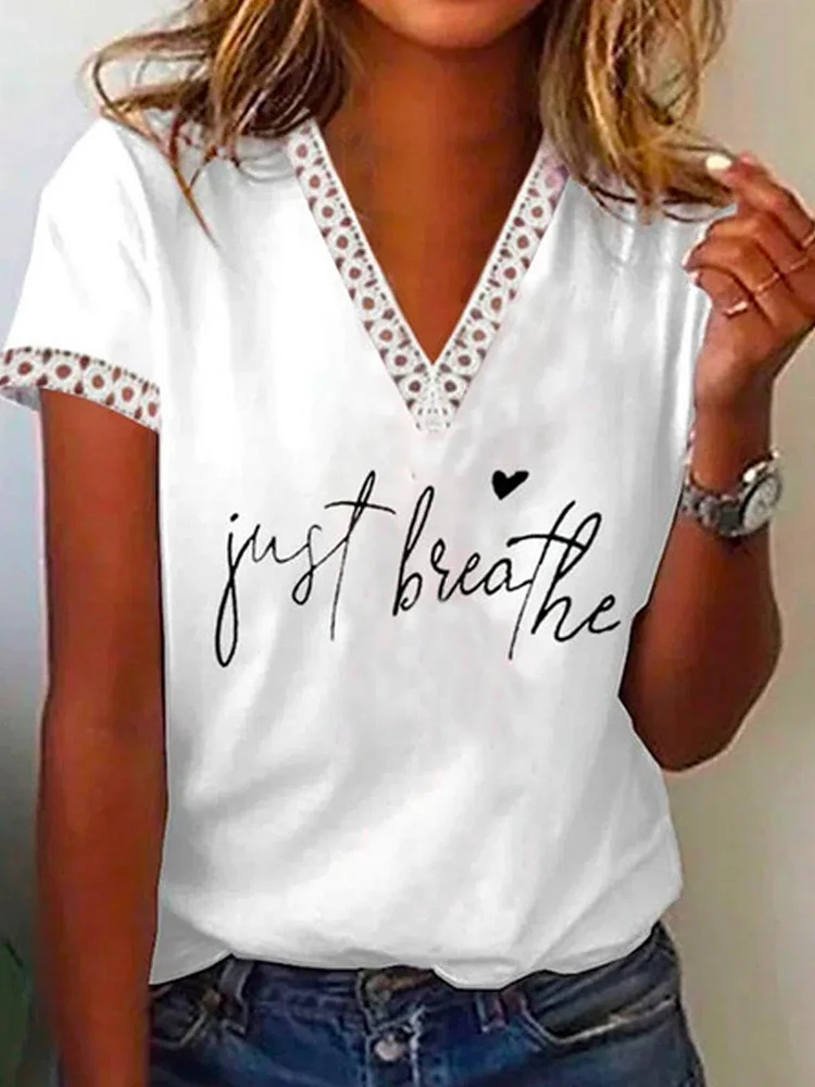 Summer New Fashion Casual Printed Lace V-Neck T-Shirt socialshop