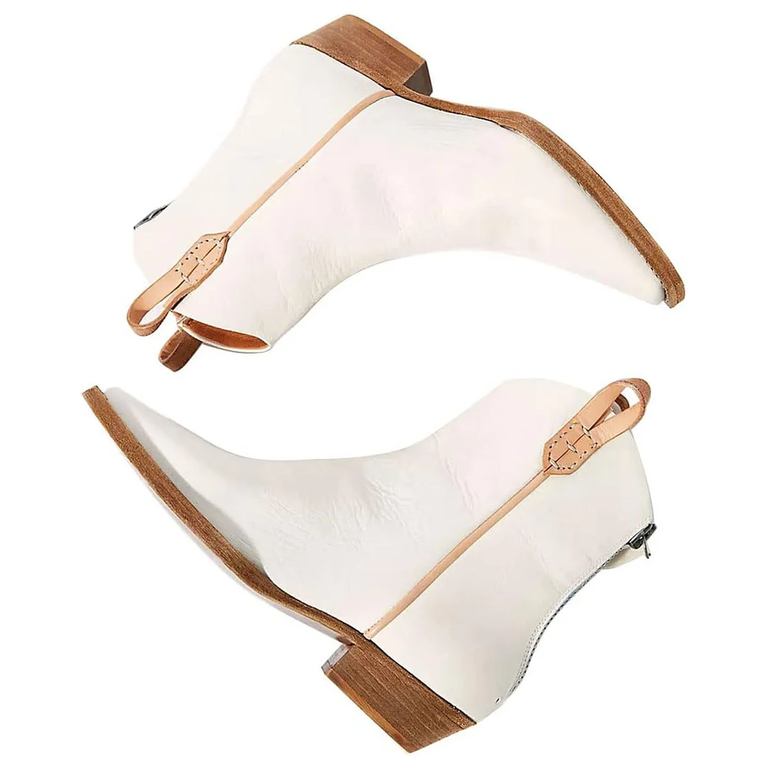 Ivory Snip Toe Brown Pull Tab Vintage Low Heel Cowgirl Ankle Boots