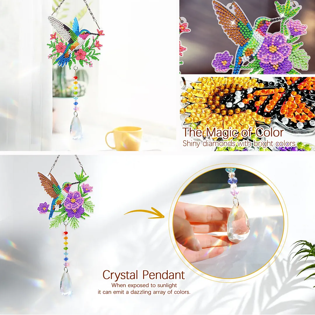 2Pcs Garden Hummingbird DIY Double-Sided Diamond Painting Hanging Kits Diamond Painting Suncatcher Craft Kit for Home Garden Wall Decor Gift