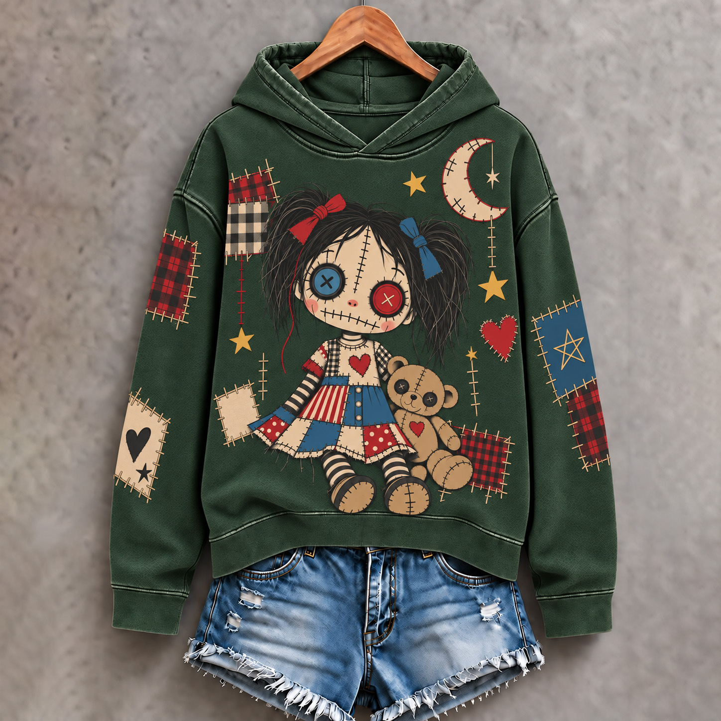 Comstylish Women's Halloween Patchwork Doll Art Print Hoodie