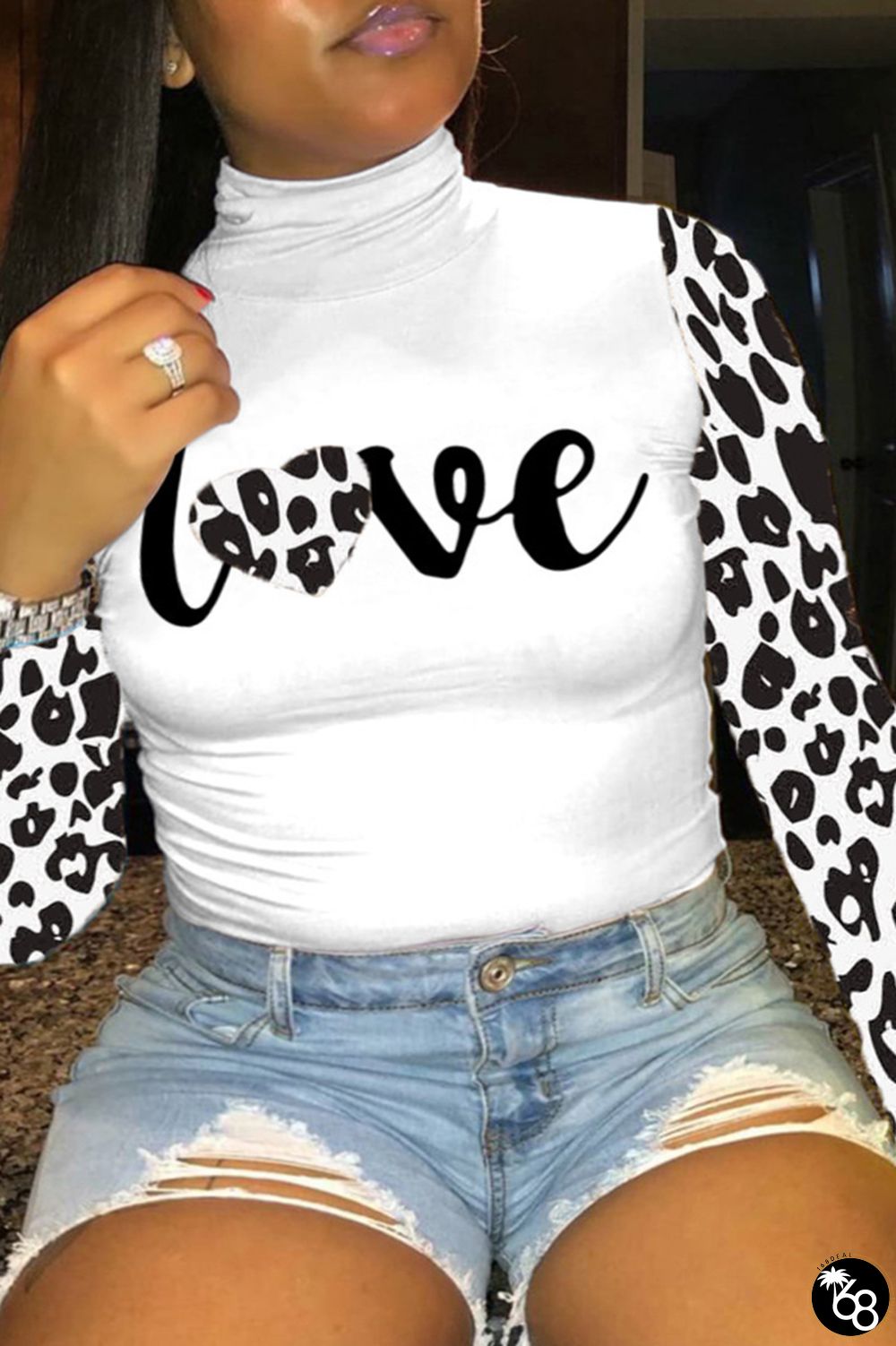 Plus Size Leopard Print Casual Print Basic Turtleneck Tops | 168DEAL