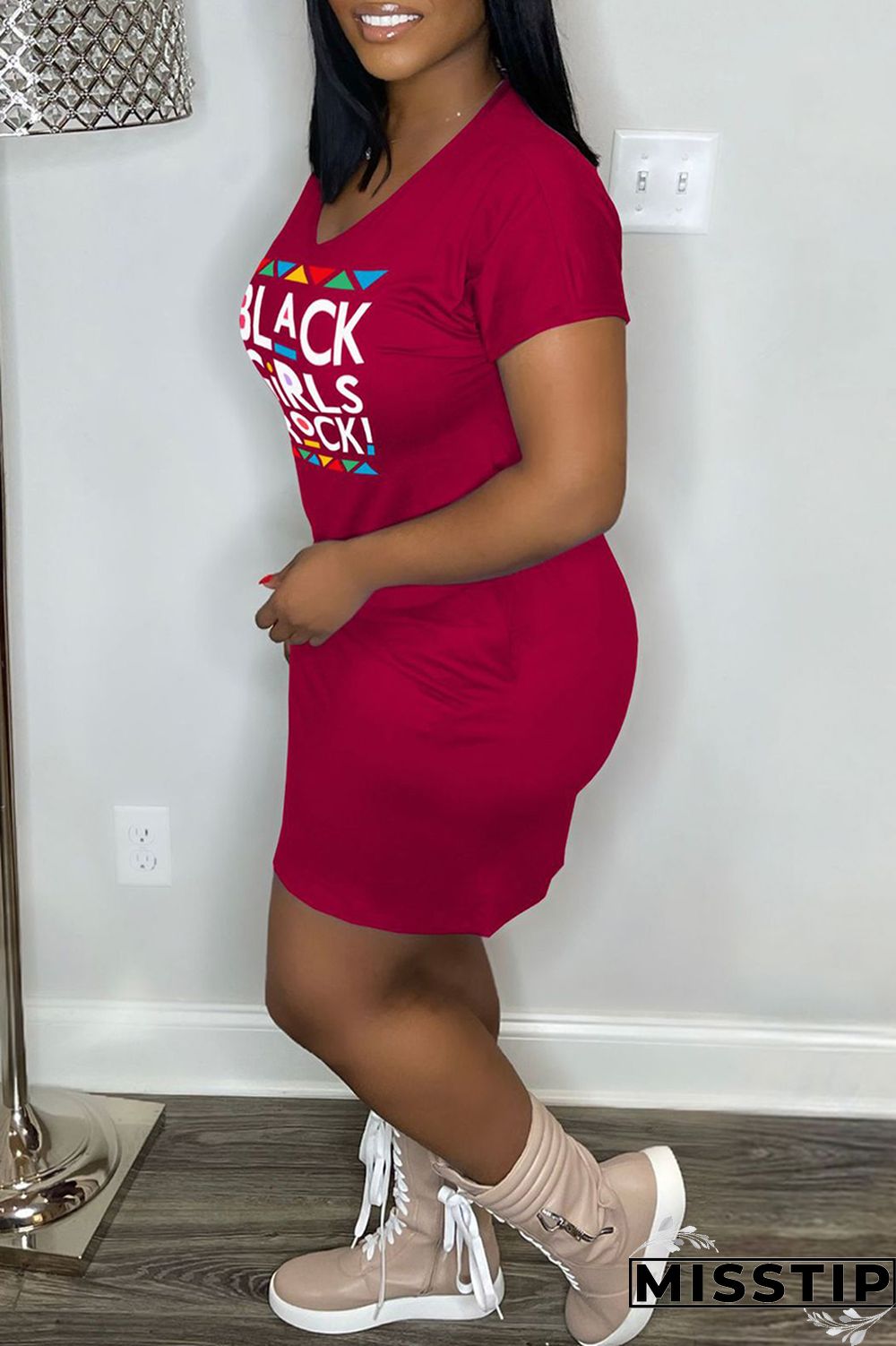 Orange Casual Print Basic V Neck Short Sleeve Dress