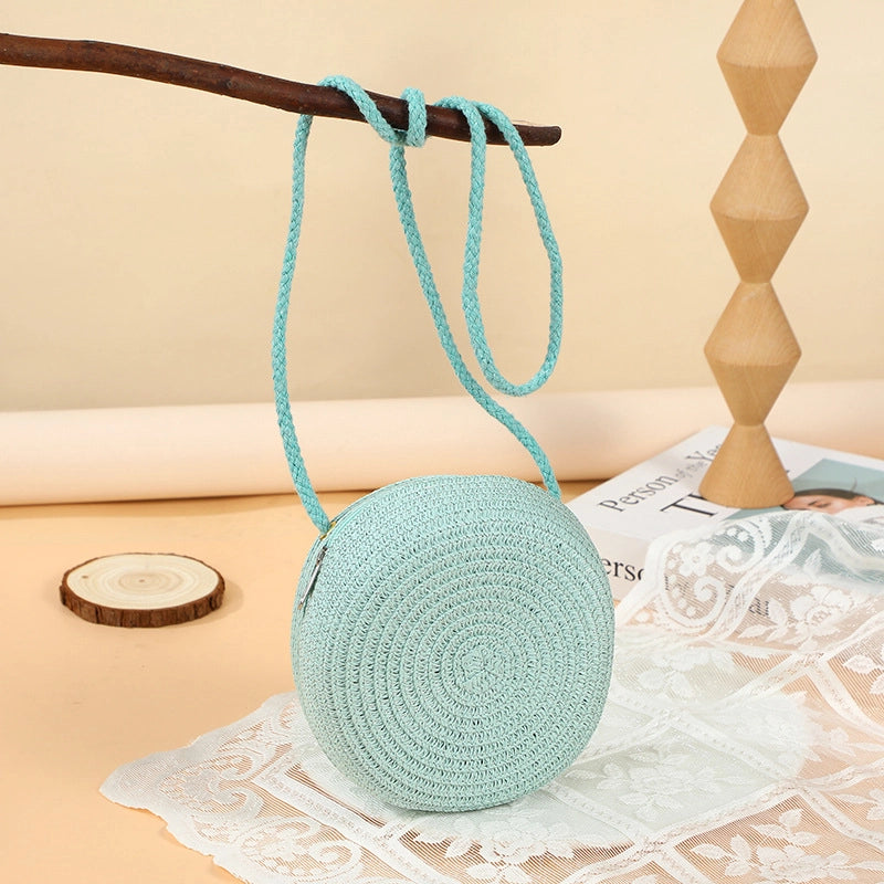 Girl’S Straw Solid Color Cute Round Zipper Shoulder Bag