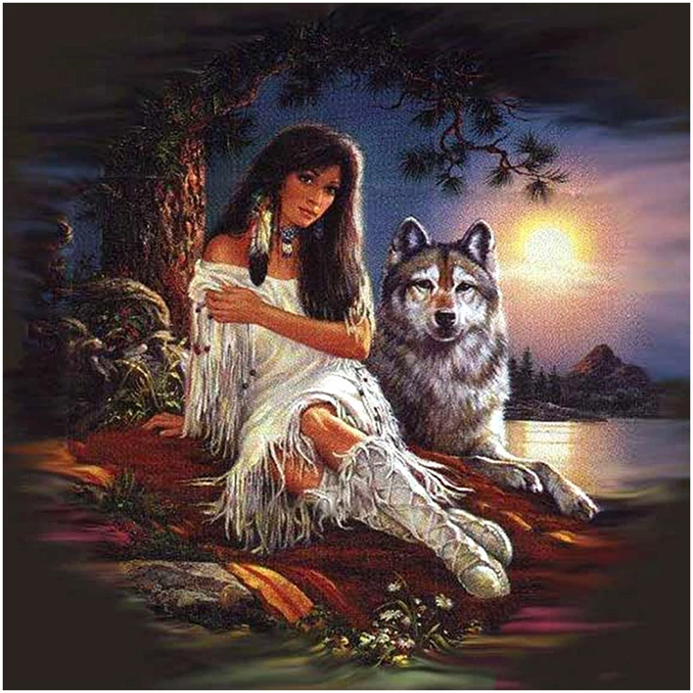 Картина гобелен девушка с волками