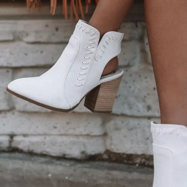 White Pointed Toe Cut Out Chunky Heel Ankle Boots |FSJ Shoes