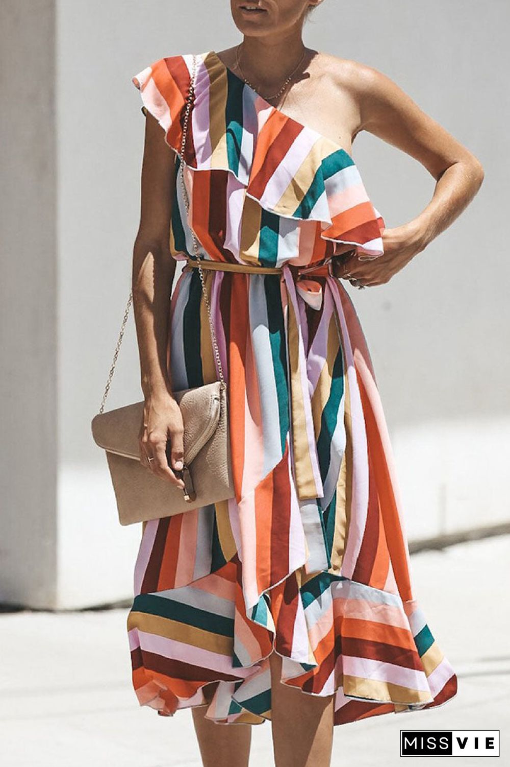 Fashion Street Striped Split Joint One Shoulder Irregular Dresses