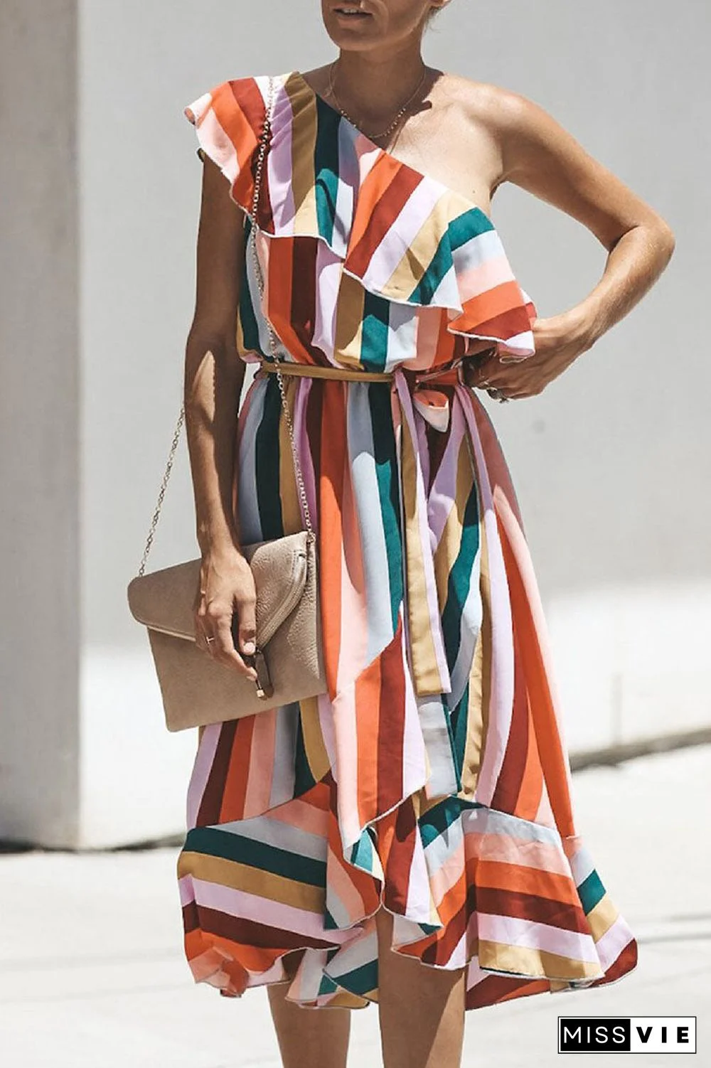 Fashion Street Striped Split Joint One Shoulder Irregular Dresses