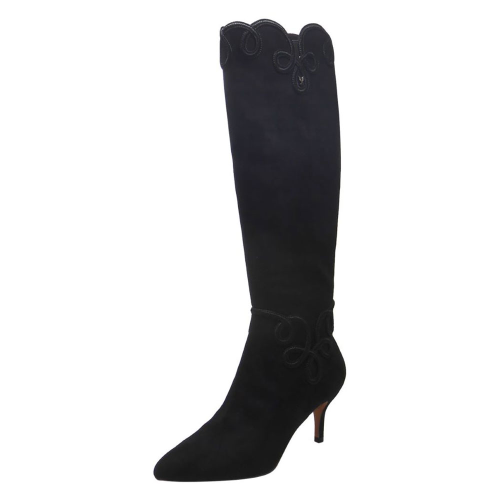 Black Embroidered Pointed Toe Stiletto Heel Tall Boots with Zipper Nicepairs