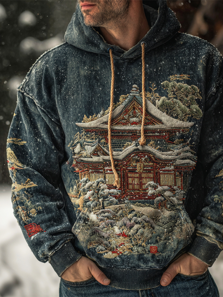 Japanese Snow Temple Vintage Men's Hooded Sweatshirt  artssus