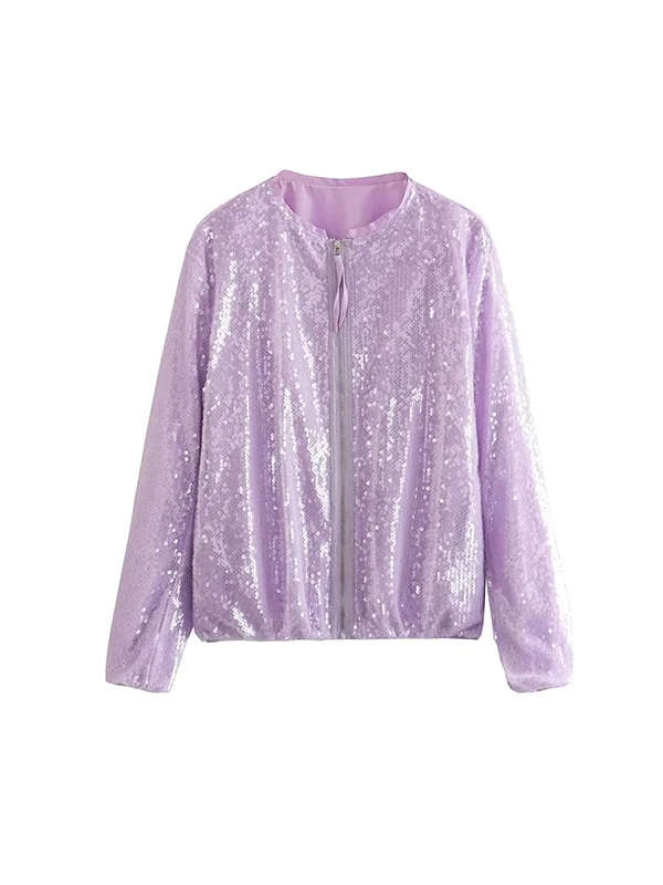 Zipper Sequined Puff Sleeves Loose Round-Neck Outerwear Jackets