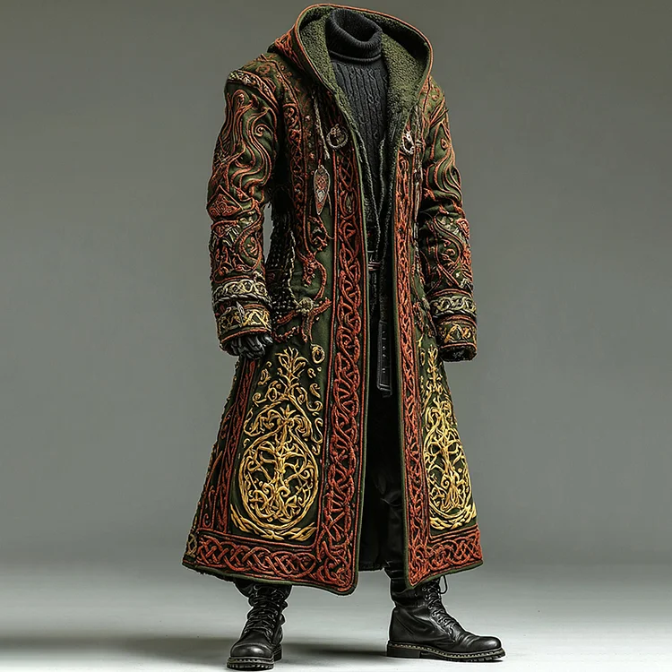 Men's Tree Of Life Embroidered Robe-style Hooded Cardigan