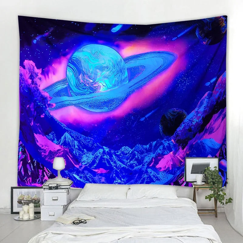 Fluorescent Mushroom Wall Hanging Tapestry Nature Art Starry Sky Galaxy Psychedelic Carpet Indian Mandala Dark Glowing Tapestry