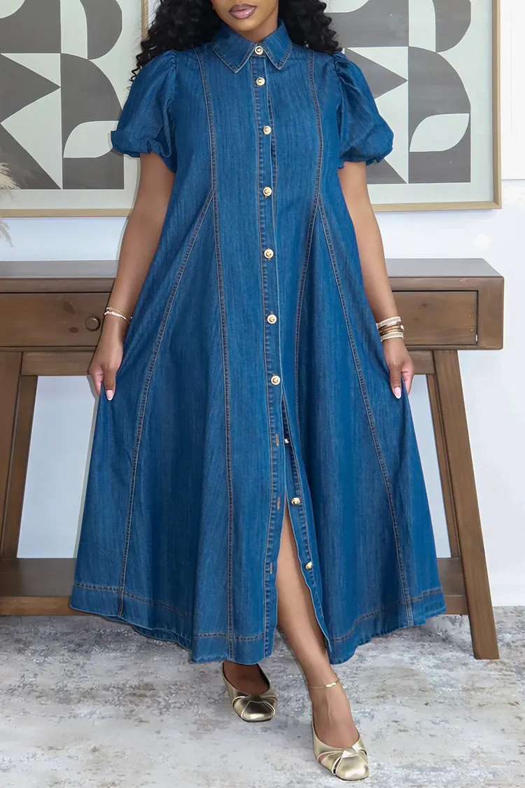 Plus Size Business Casual Blue Shirt Collar Short Sleeve Button Pocket Tencel Denim Maxi Dresses [Pre-Order] 2024 - Xpluswear