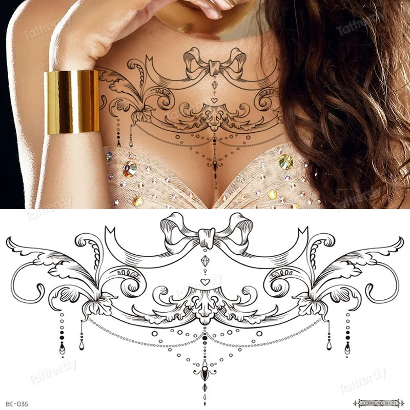 sexy tattoo sticker women lace Amazing Temporary Tattoos jewel black fake henna tattoo breast underboob body art flowers rose
