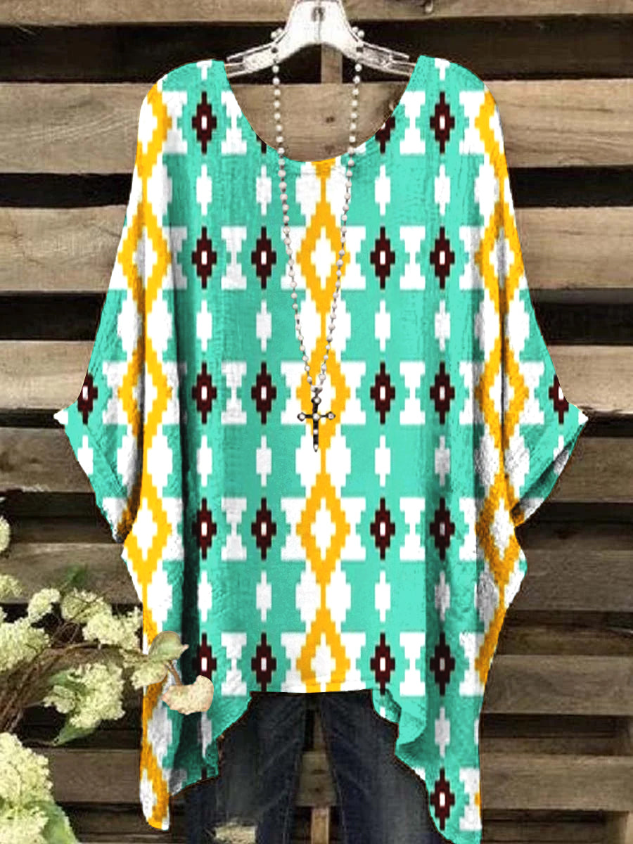 Women's Vintage Western Geometric Pattern Crew Neck Top