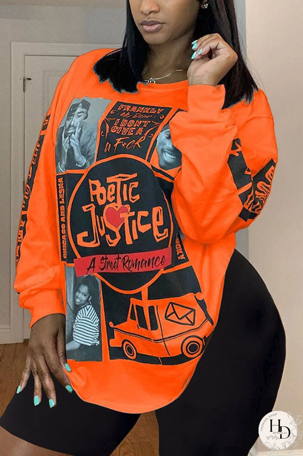 Orange Casual Print Straight Long Sleeve Two Pieces