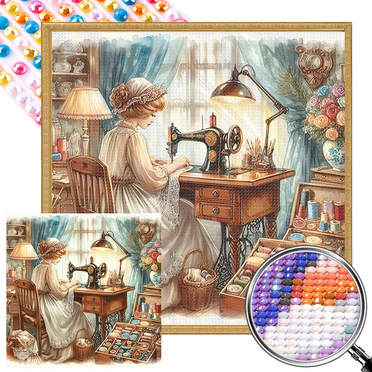 Sewing Girl 40*40CM (Canvas) Full AB Round Drill Diamond Painting gbfke