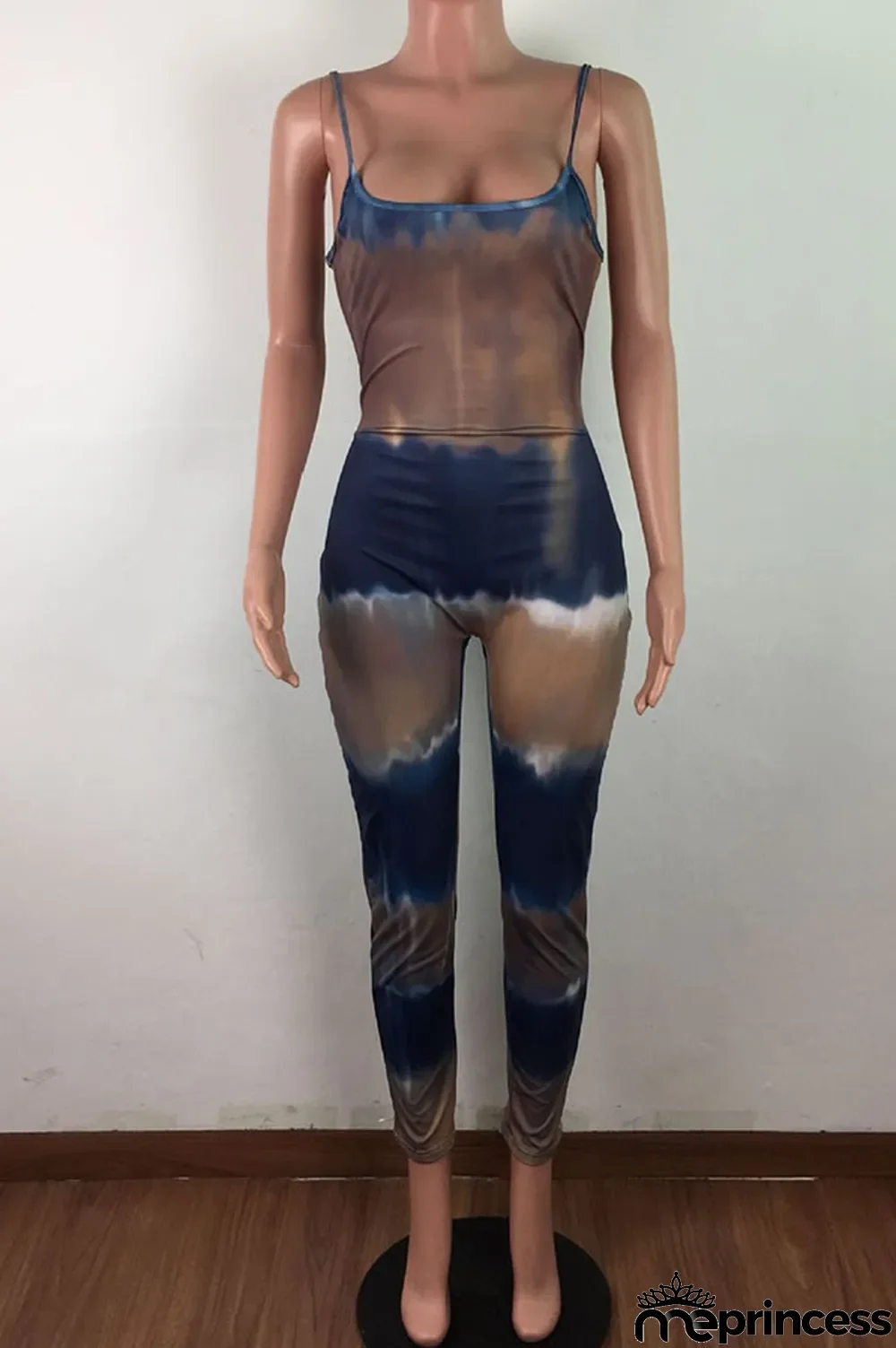 Blue Fashion Sexy Tie-dyed Sleeveless Slip Jumpsuits