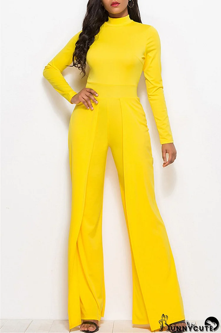 Yellow Fashion Casual Solid Basic Regular Jumpsuits