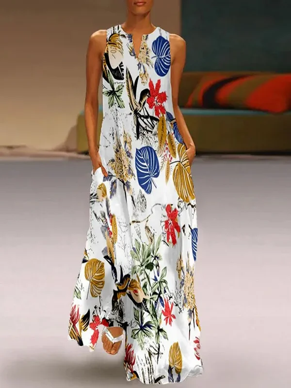 Women's Retro Print V-neck Sleeveless Casual Loose Dress