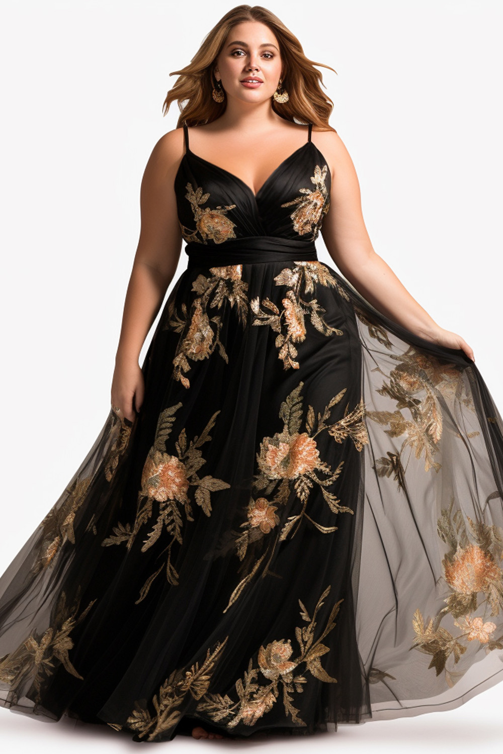 Flycurvy Plus Size Wedding Guest Black Mesh Sleeveless Floral Embroidery Maxi Dress 2024 - Flycurvy 