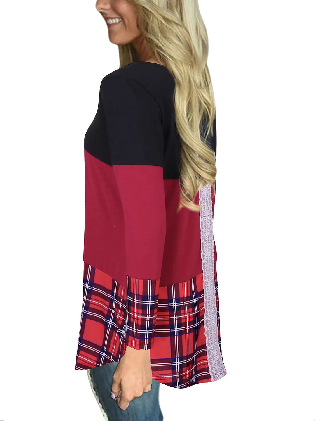 Women's Scoop Neck Long Sleeve Plaid Tops